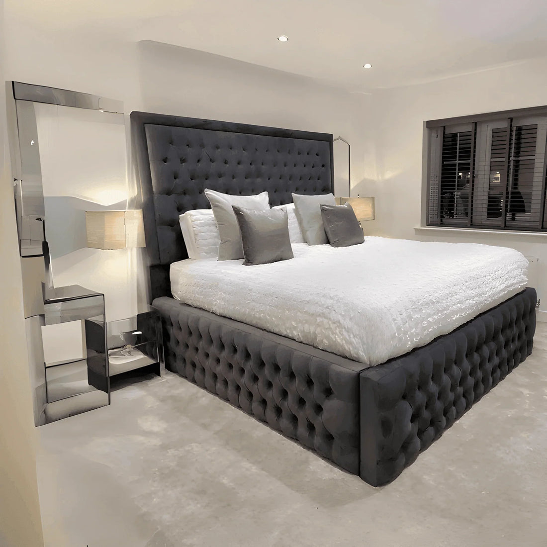 Bespoke Wall Panel Bed Frame with Luxurious Floor-to-Ceiling Headboard – Upholstered Elegance~ UkBedsDirect