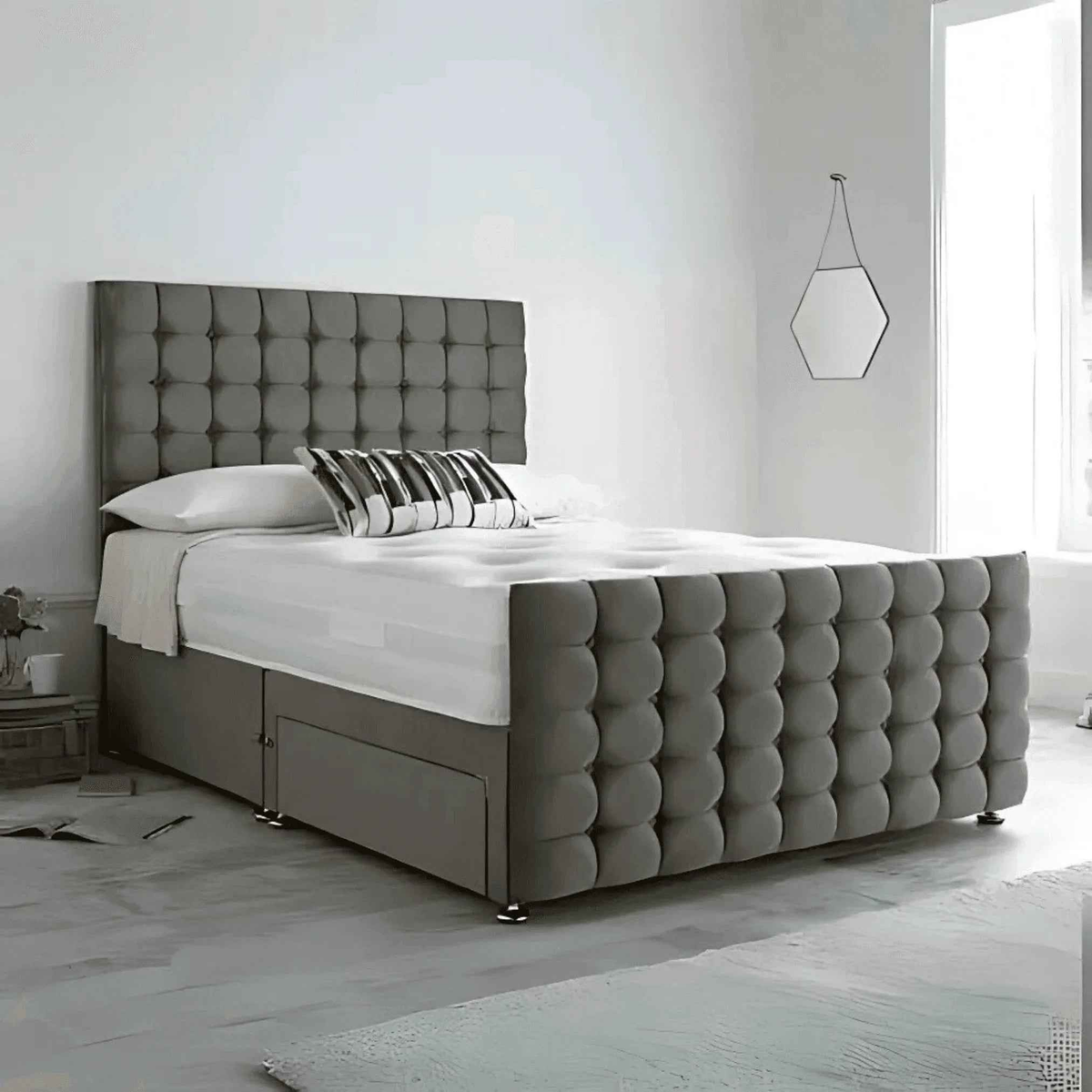 The Elvin Wingback Bed Frame – Studded Velvet Bed