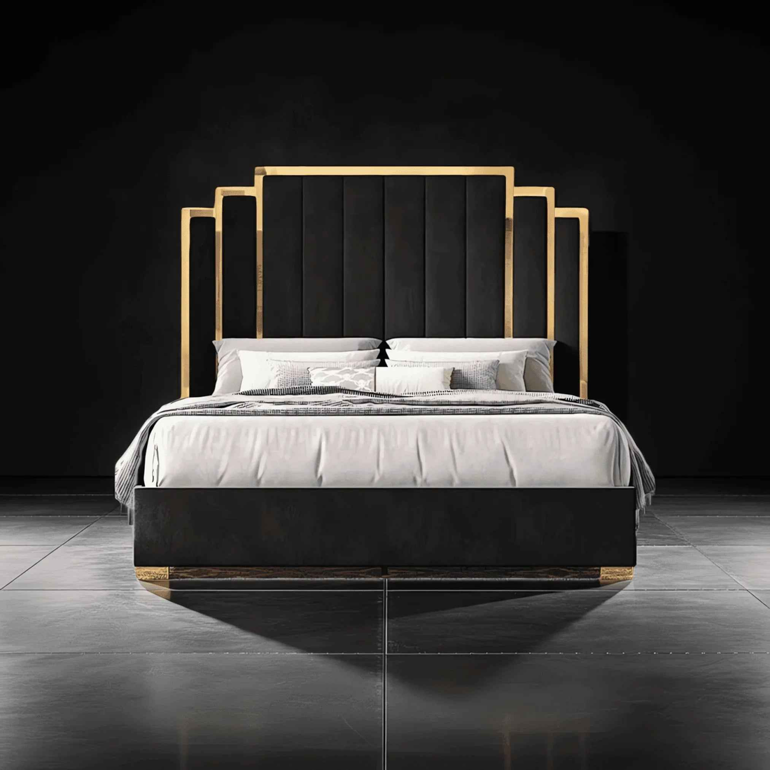 Sara Gold Panel Bed – Modern Upholstered Bed Frame with Gold Detailing