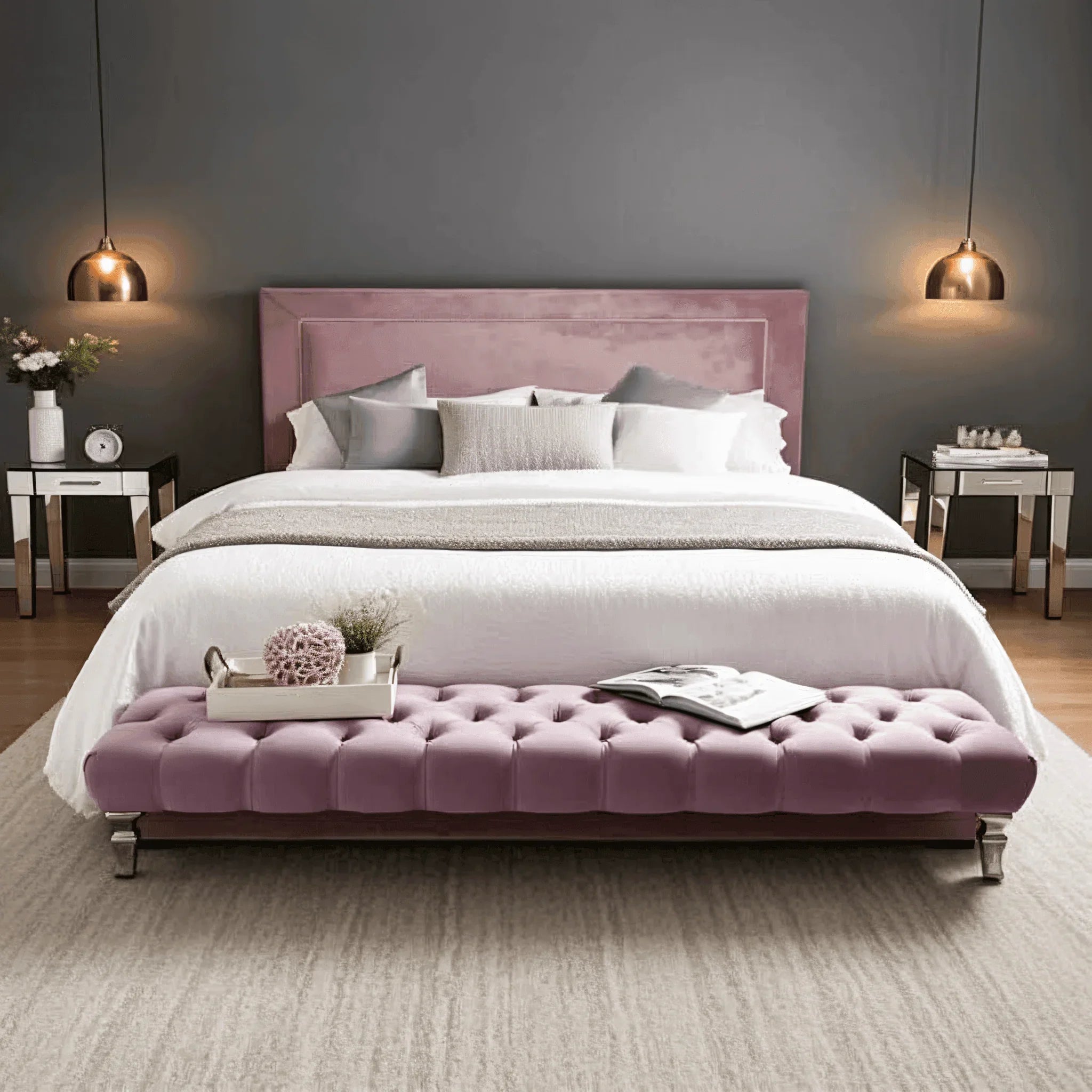 Empress Silver Chrome Trim Upholstered Bed – Luxury Modern Bed Frame with Metallic Accents