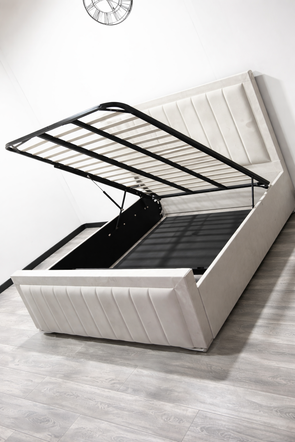 Cream upholstered ottoman bed with gas lift storage – UKBedsDirect luxury storage bed UK