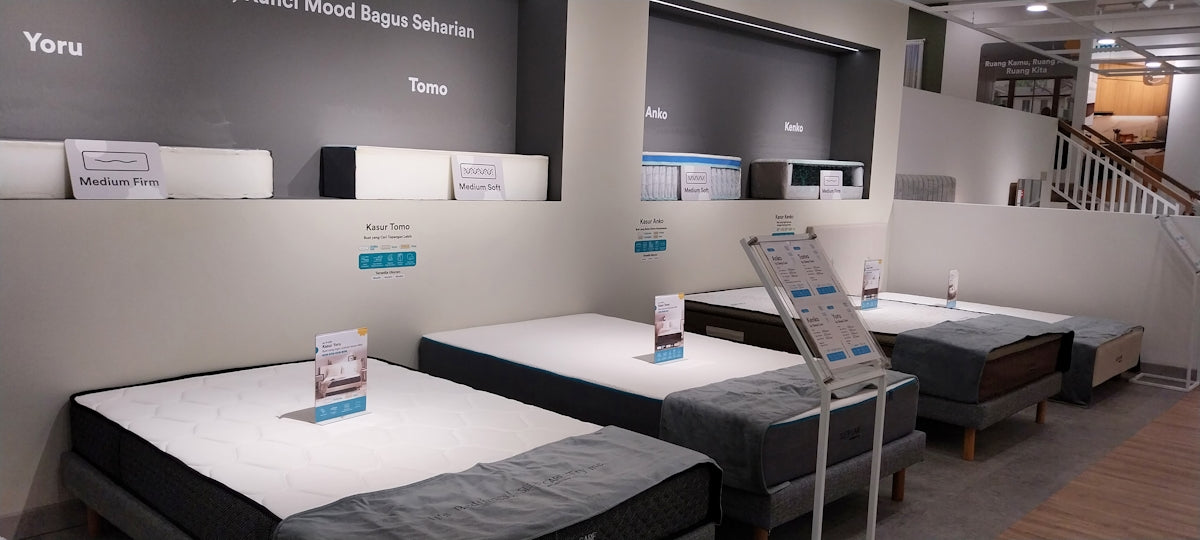 a display of mattresses in a store