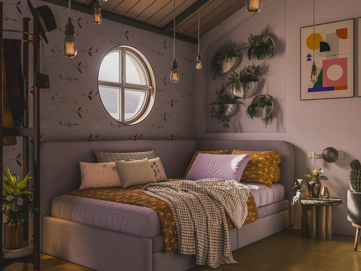 Cozy bedroom with bed, window, and hanging plants