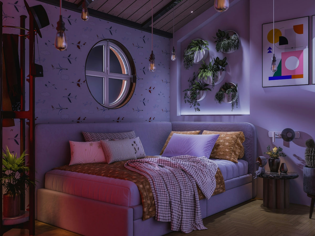 Cozy bedroom with artistic decoration and plants
