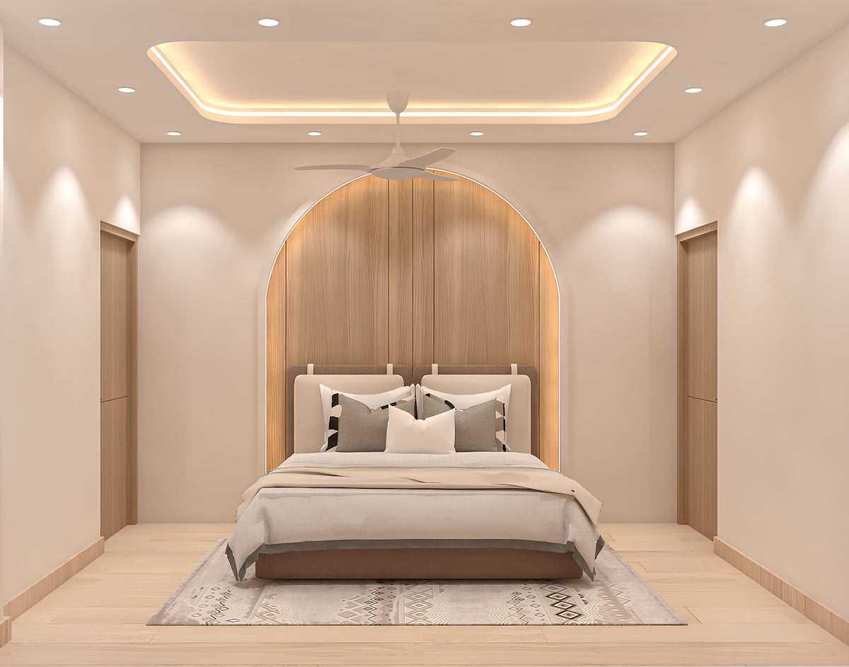 A modern bedroom with a stylish, neutral aesthetic