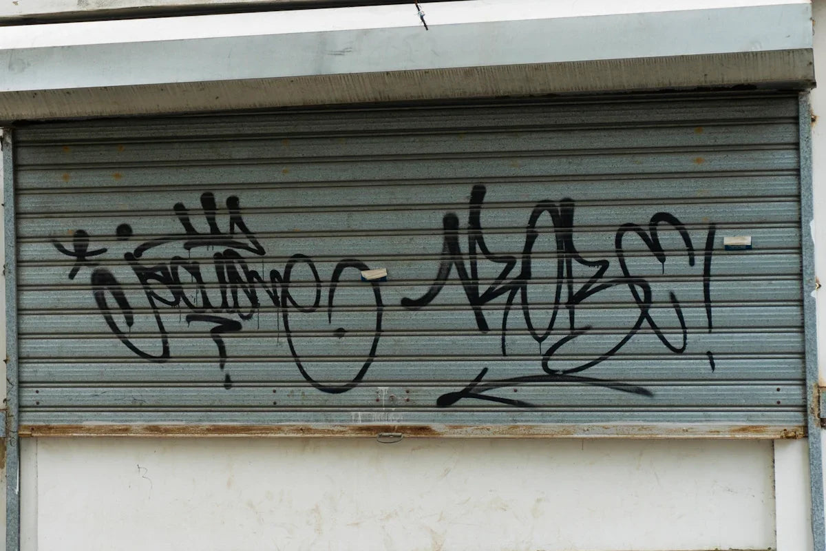 Graffiti covers a closed metal garage door.