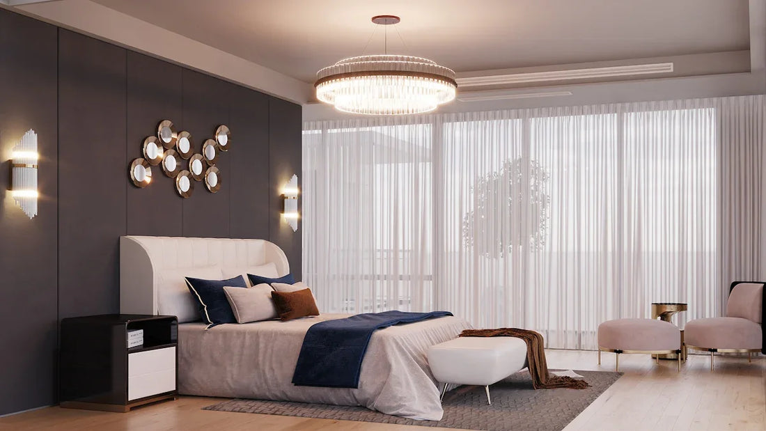 Luxurious bedroom with modern decor and large windows.