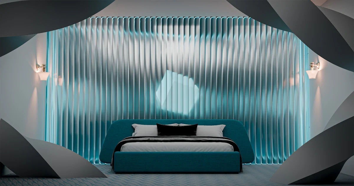 Modern bedroom with a teal bed and wavy wall
