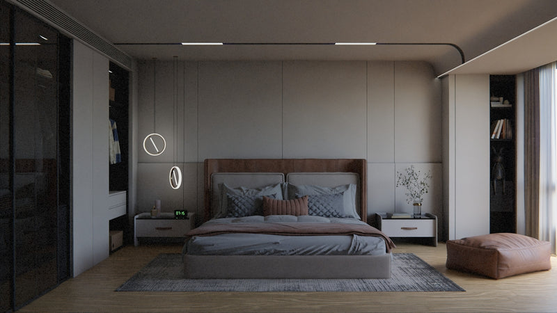 Modern bedroom with a large bed and minimalist decor.