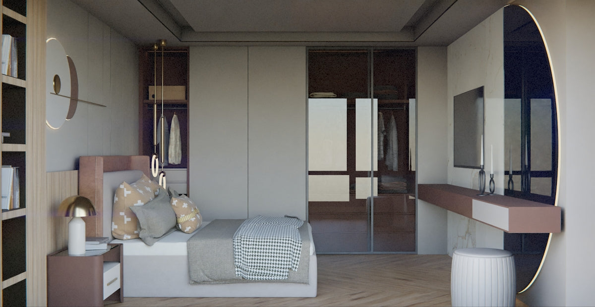 Modern bedroom with a bed, vanity, and closet