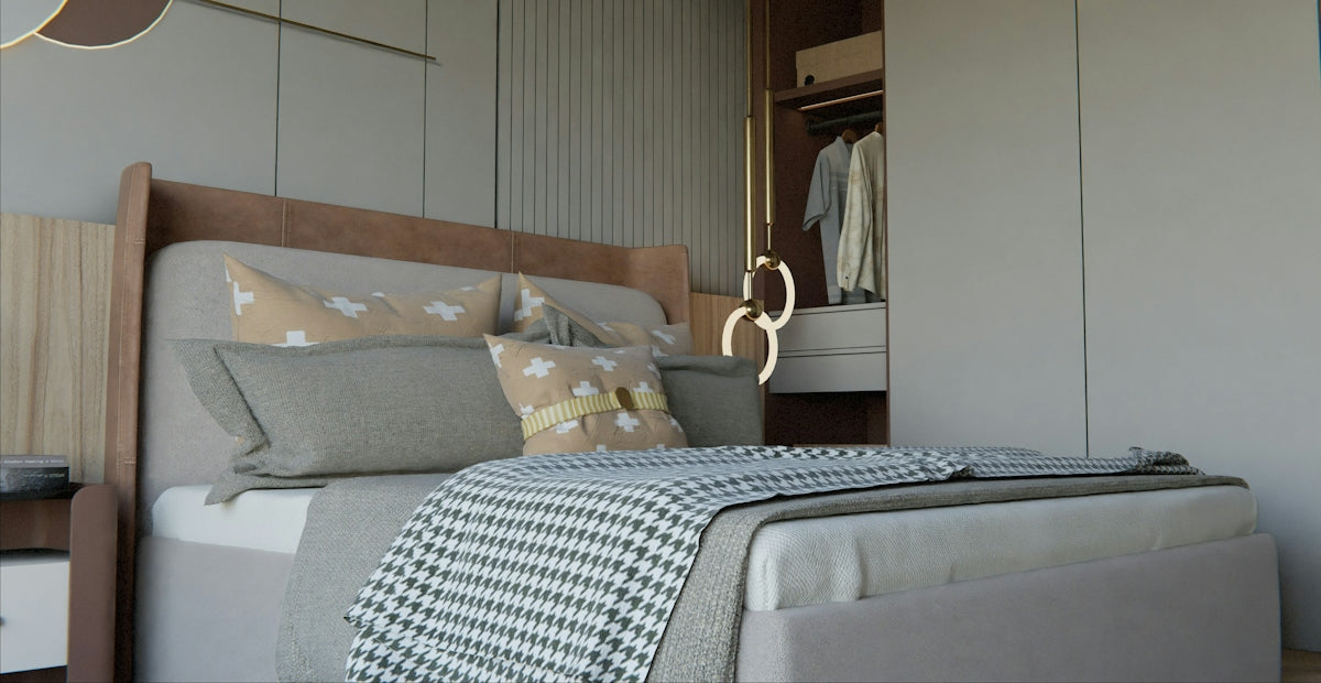 Modern bedroom with a neatly made bed and open closet