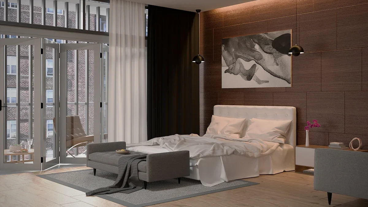 Modern bedroom with large window and artwork
