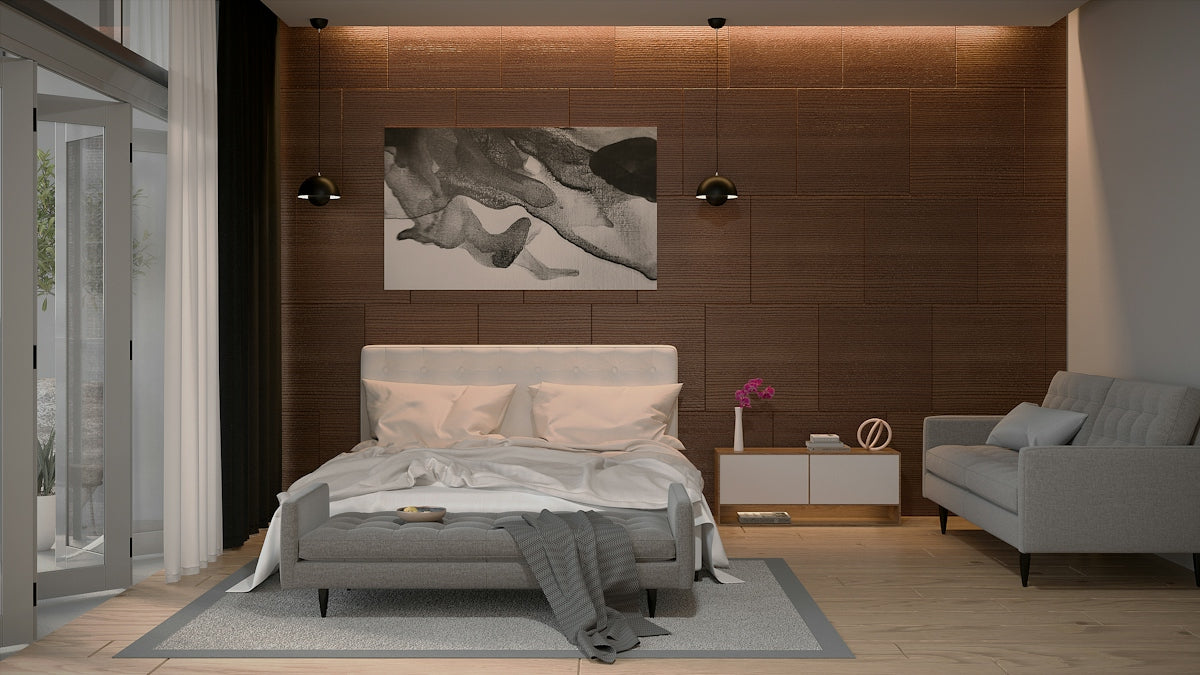 Modern bedroom with a bed, sofa, and artwork