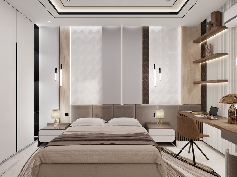 Modern bedroom with a large bed and desk.