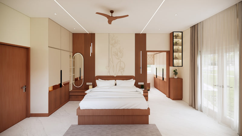 Modern bedroom with wooden accents and a large bed.