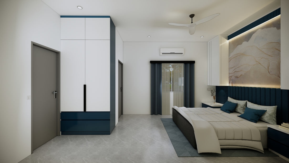 Modern bedroom with white and blue decor, bed, and wardrobe.
