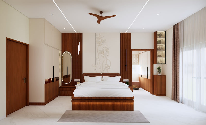 A modern bedroom with a large bed and wooden furniture.