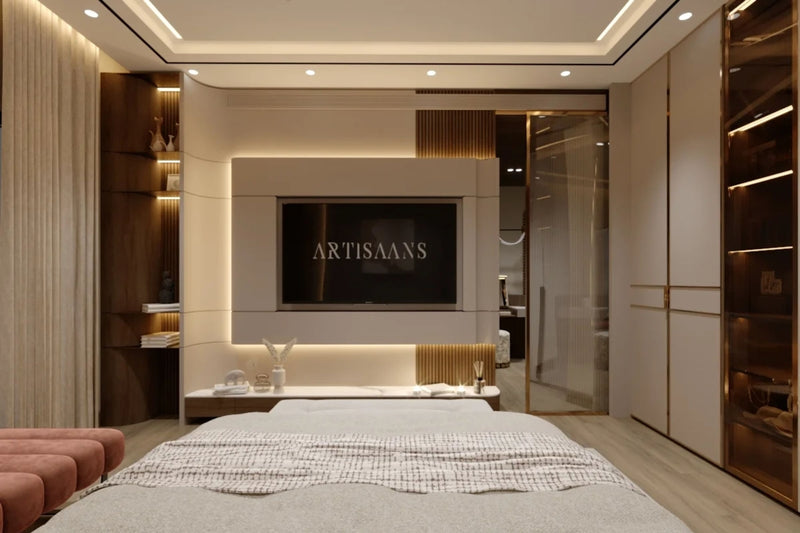 Elegant bedroom with a bed, wall-mounted tv, and built-in storage.