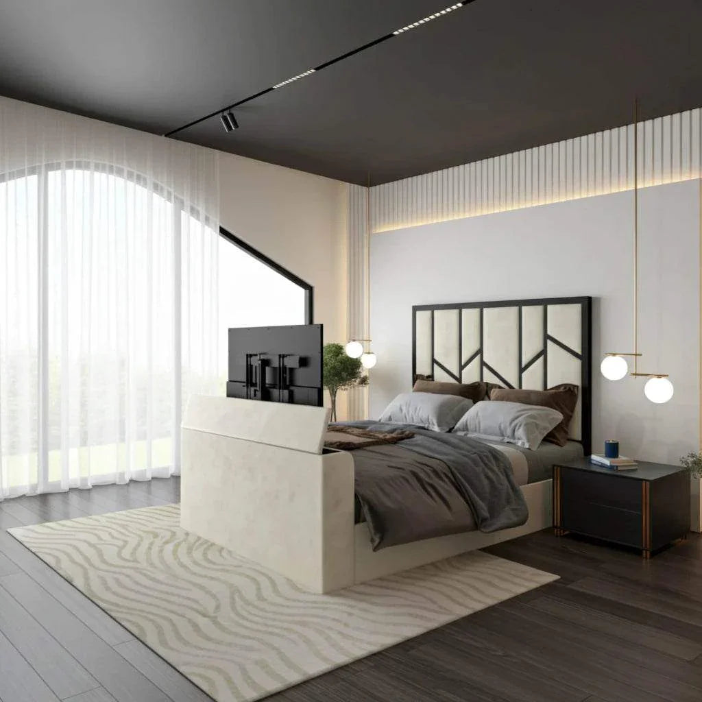 Elora Panel-Lined Upholstered TV Bed Frame - Modern Fabric Bed | UK Beds Direct - UK Beds Direct ltd