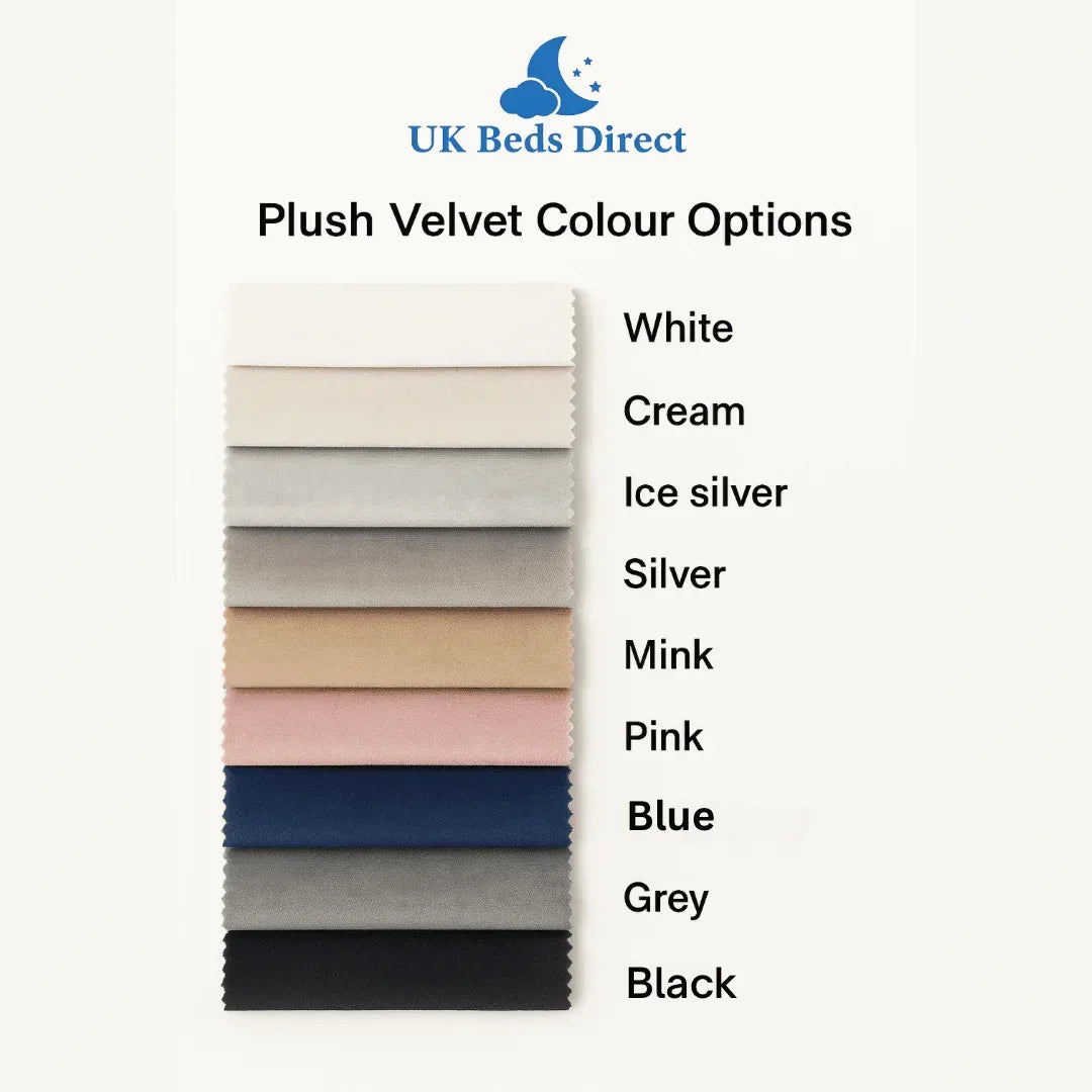 Plush velvet fabric colour swatches in white, cream, silver, mink, pink, blue, grey, black