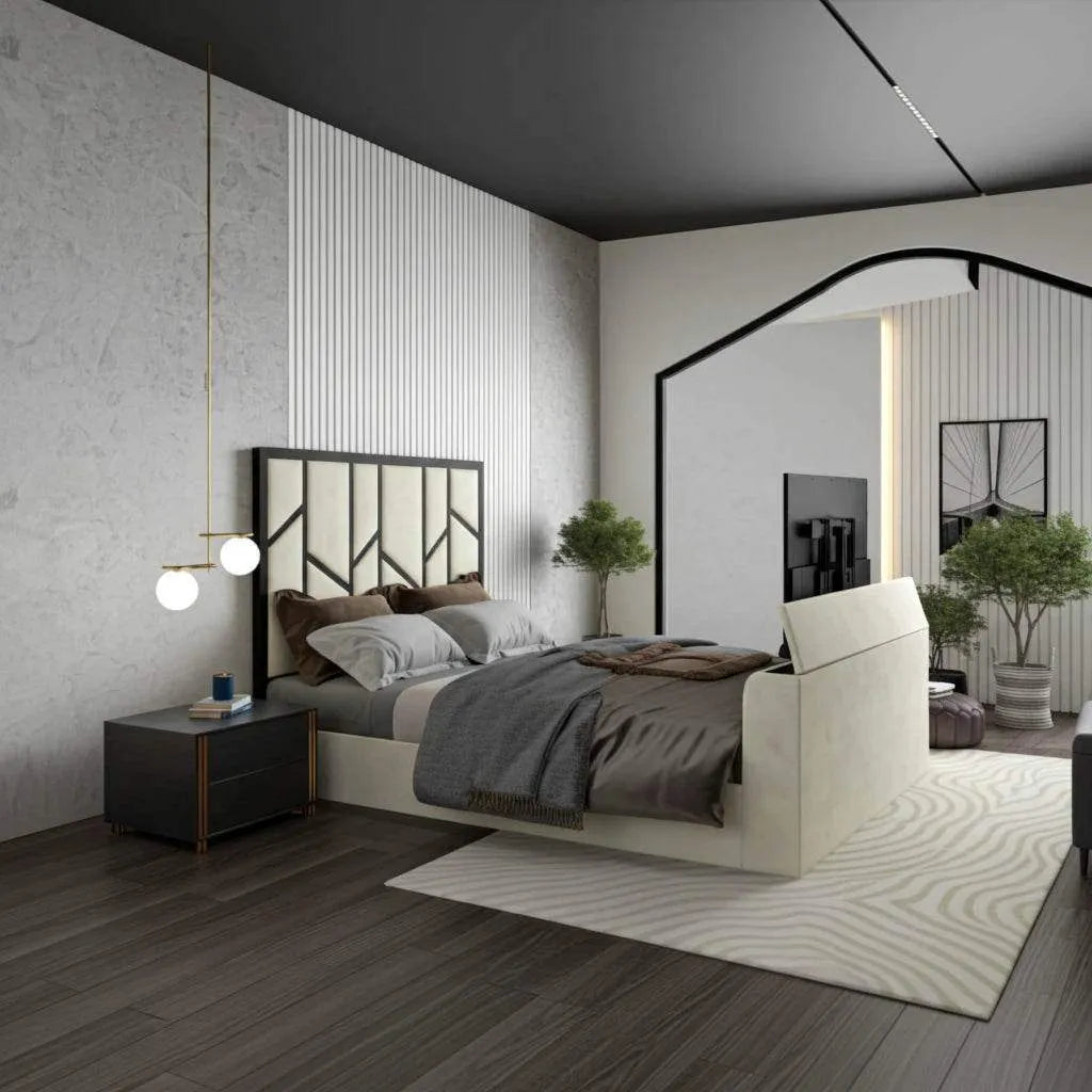 Elora Panel-Lined Upholstered TV Bed Frame - Modern Fabric Bed | UK Beds Direct - UK Beds Direct ltd