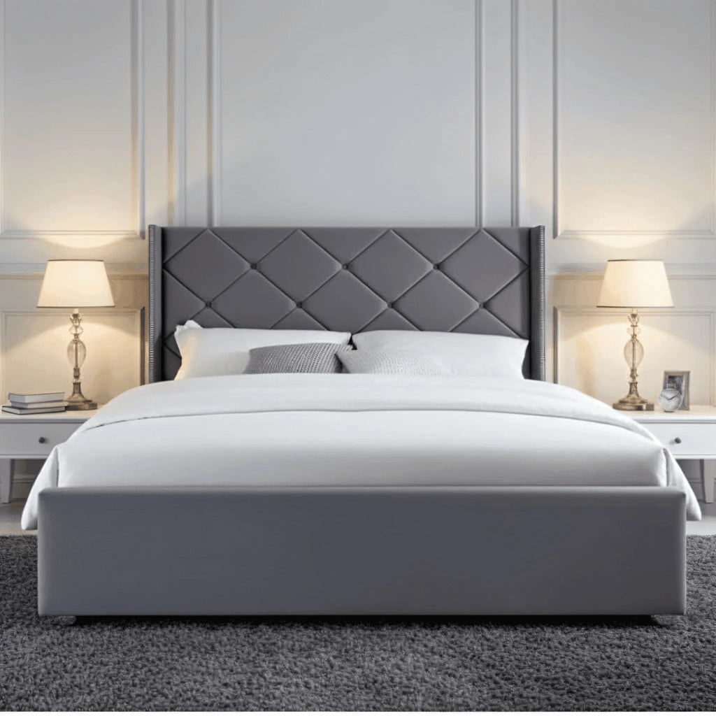 The Elvin Wingback Bed Frame – Studded Velvet Bed - UK Beds Direct ltd