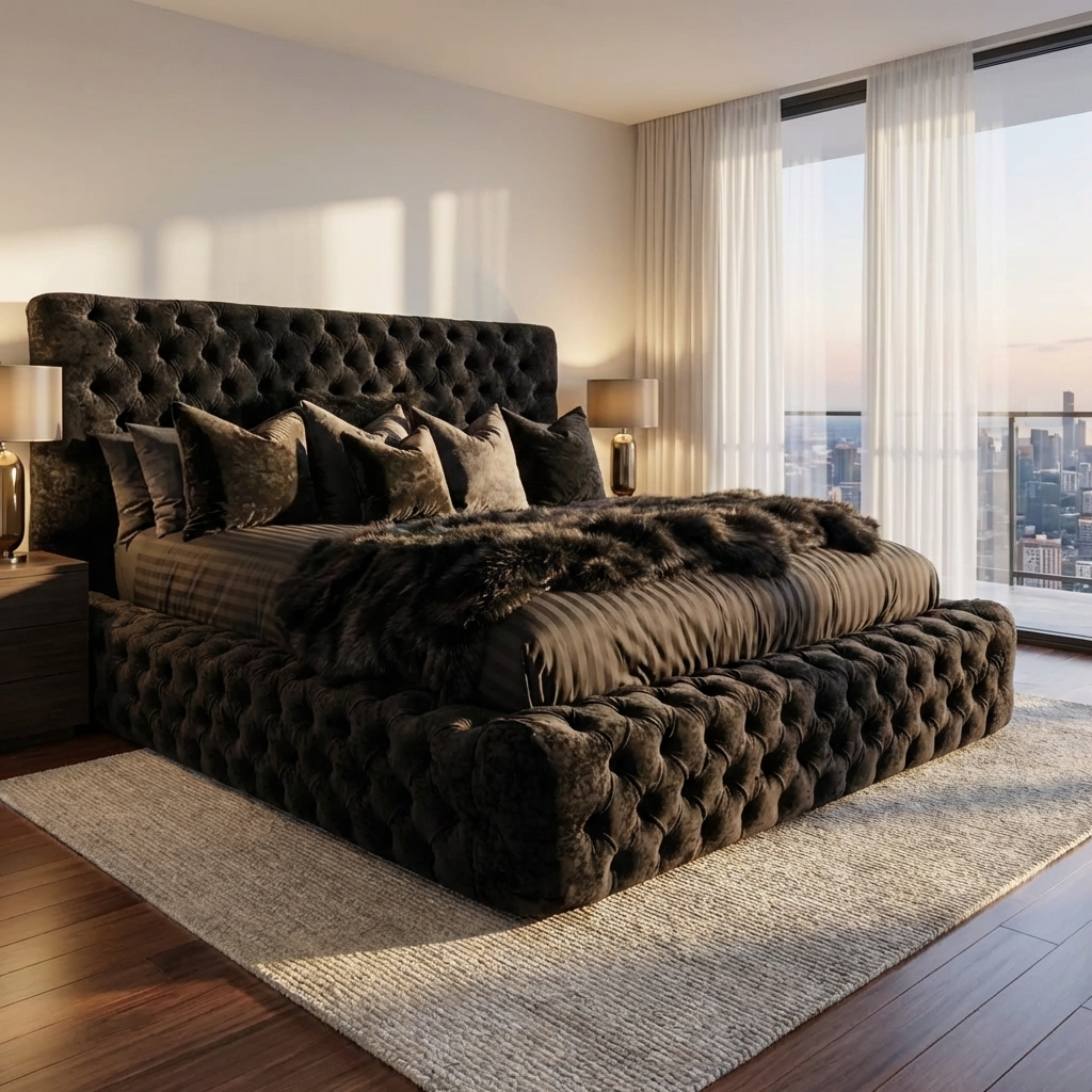 Luxurious bedroom with a large tufted bed and city view.
