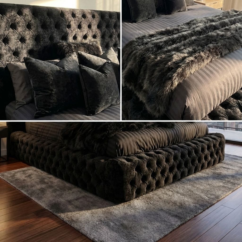 Collage of a dark brown tufted bed with decorative pillows and fur throw on a wooden floor.