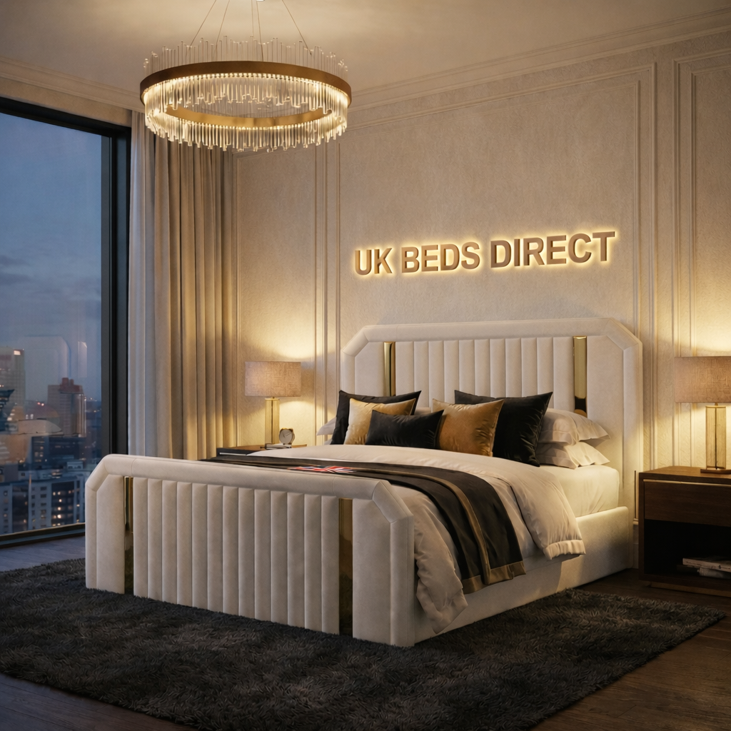 UKBedsDirect 2026 Dreamline Signature Bed – Luxury Upholstered Bed Frame with Gold/Chrome Accent Trim