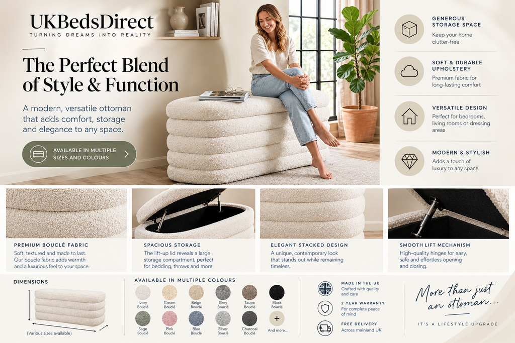 Boucle upholstered ottoman storage box in neutral fabric, with padded top and wooden legs for living room or bedroom use.