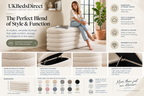 Boucle upholstered ottoman storage box in neutral fabric, with padded top and wooden legs for living room or bedroom use.