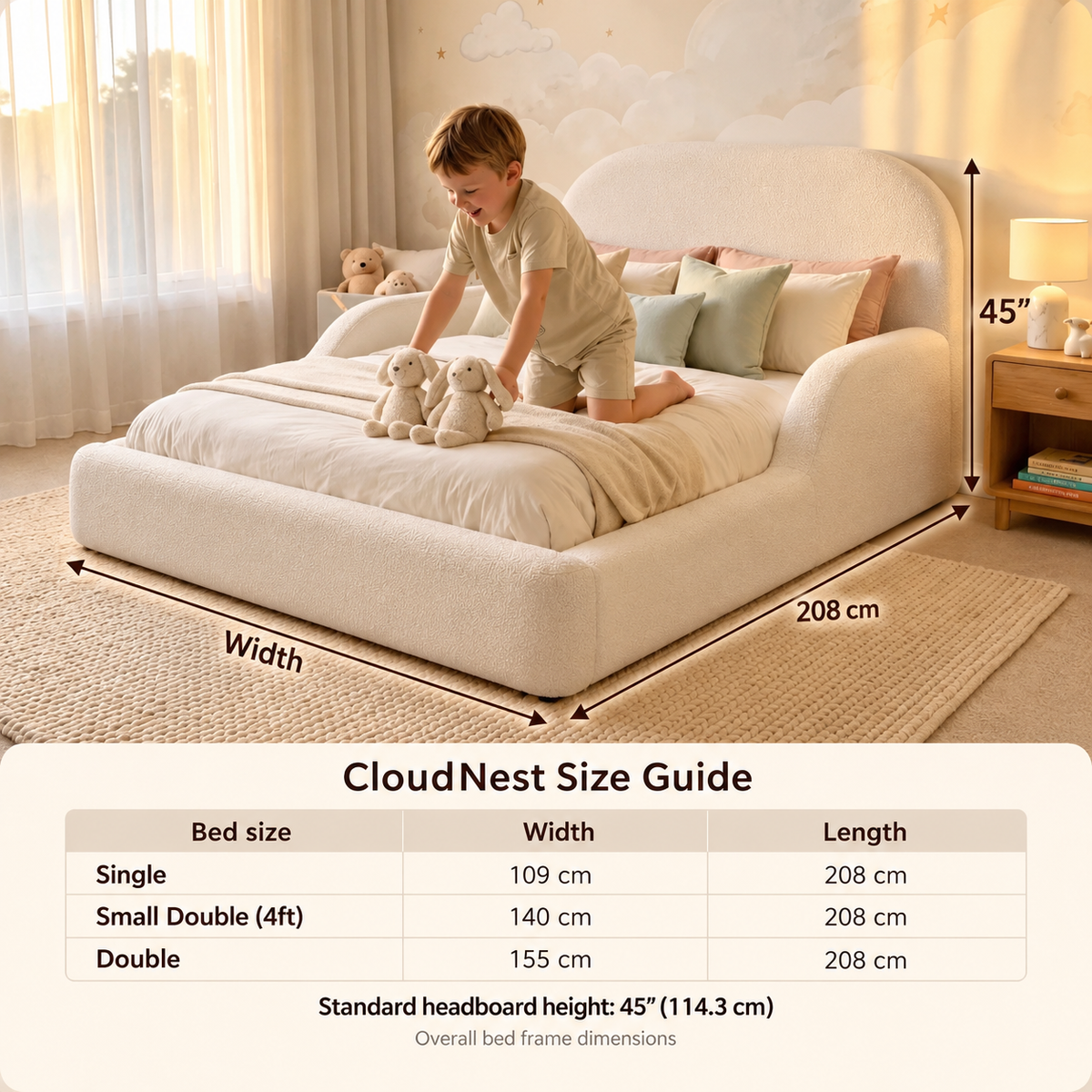 CloudNest Kids Bed – Bouclé Curved Bed Frame