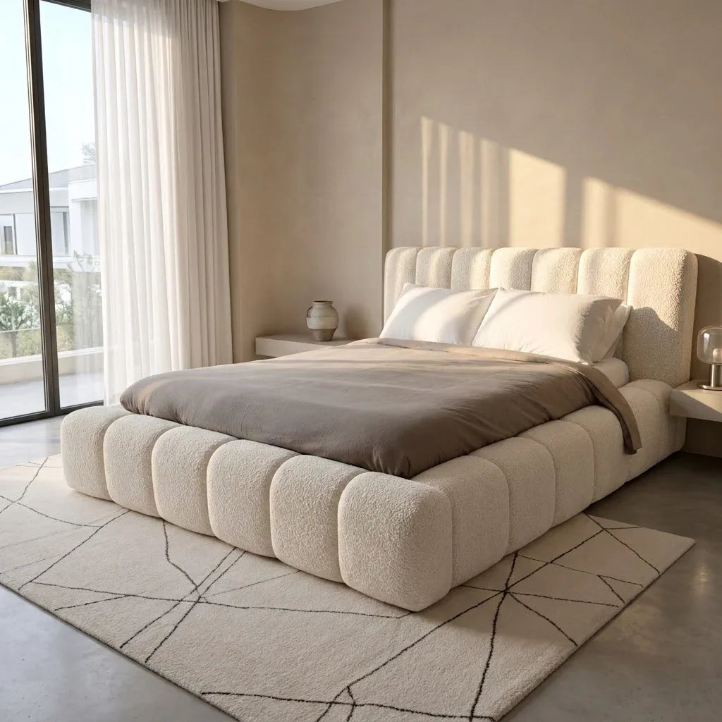 A modern platform bed with a chunky, segmented boucle headboard and footboard, dressed in neutral beige and brown bedding, set in a minimalist beige bedroom with a geometric rug.