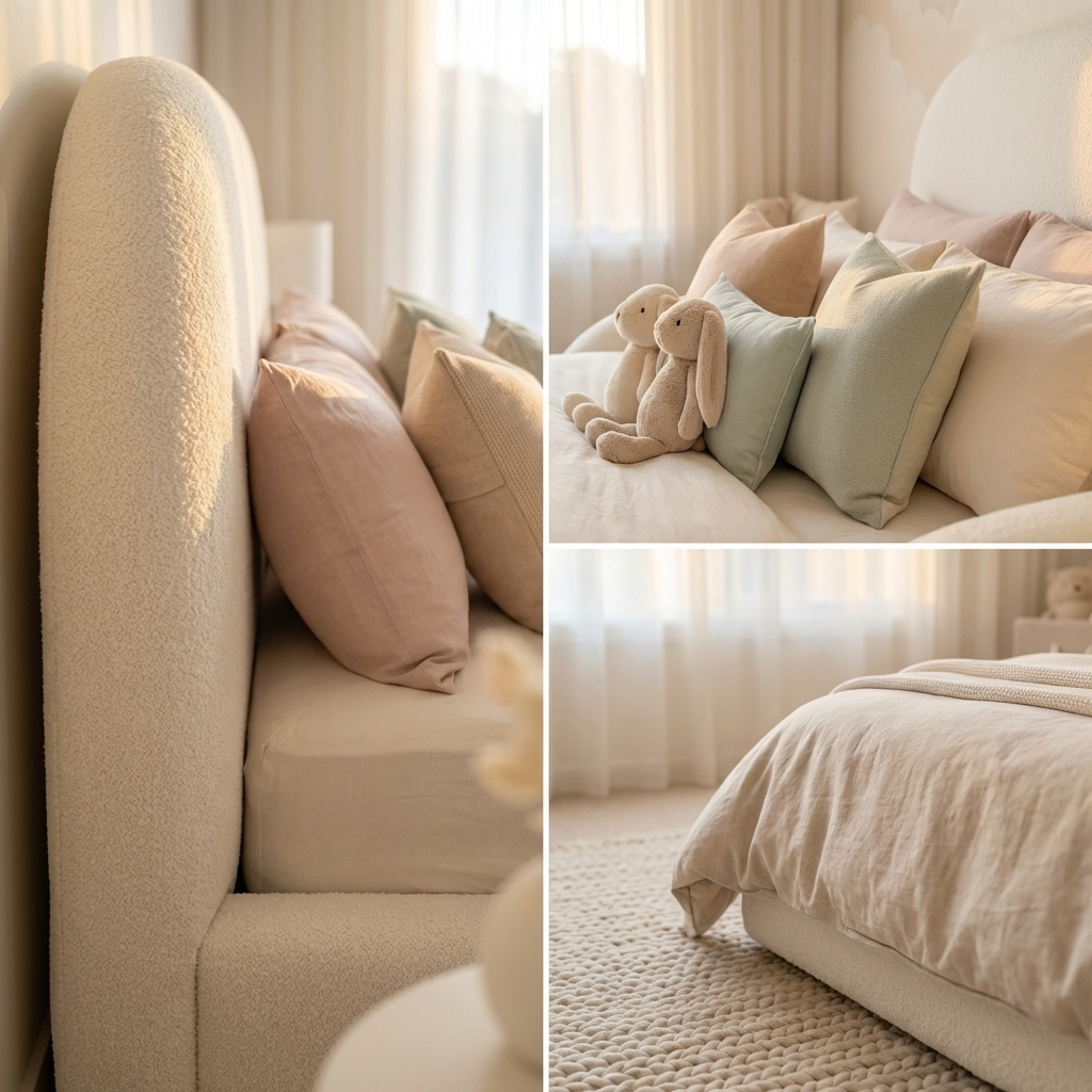 Collage of a cozy bedroom with beige bedding and pillows.