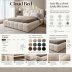 A promotional infographic for the Cloud Bed, showing a large upholstered bed in a styled bedroom scene, with text explaining luxury upholstery, fabric options, statement design, and optional ottoman storage. It includes size options, a fabric color swatch grid, and feature callouts on a white background.