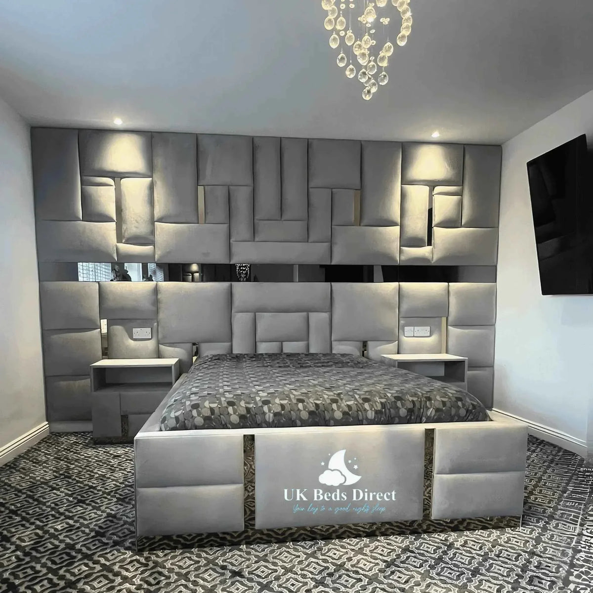 SilverLine Wall Panel Bed – Modern Upholstered Bed Frame with Sleek Silver Strip
