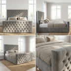 Gray tufted bed in a bedroom setting with large windows.