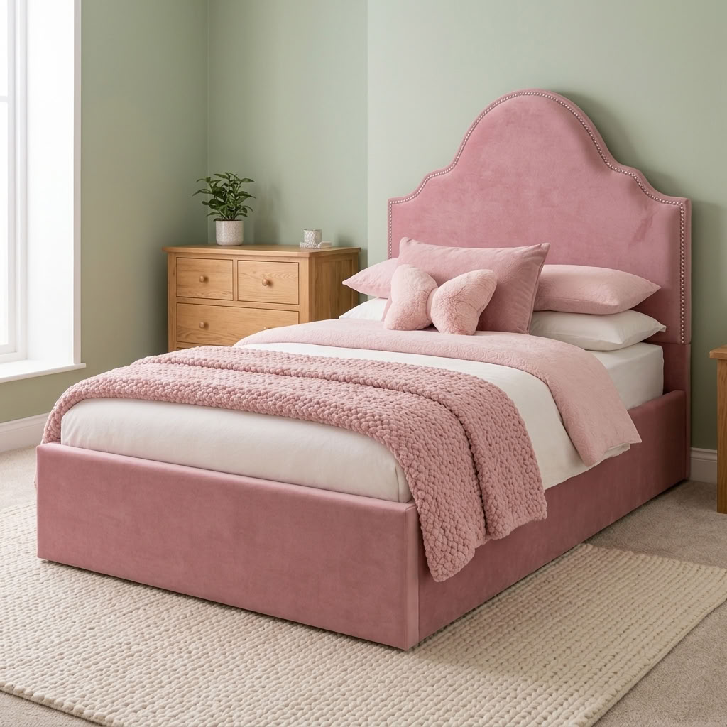 A dusty pink upholstered bed with a matching headboard and footboard, styled with white bedding, pink pillows, and a textured pink throw blanket in a bedroom setting.