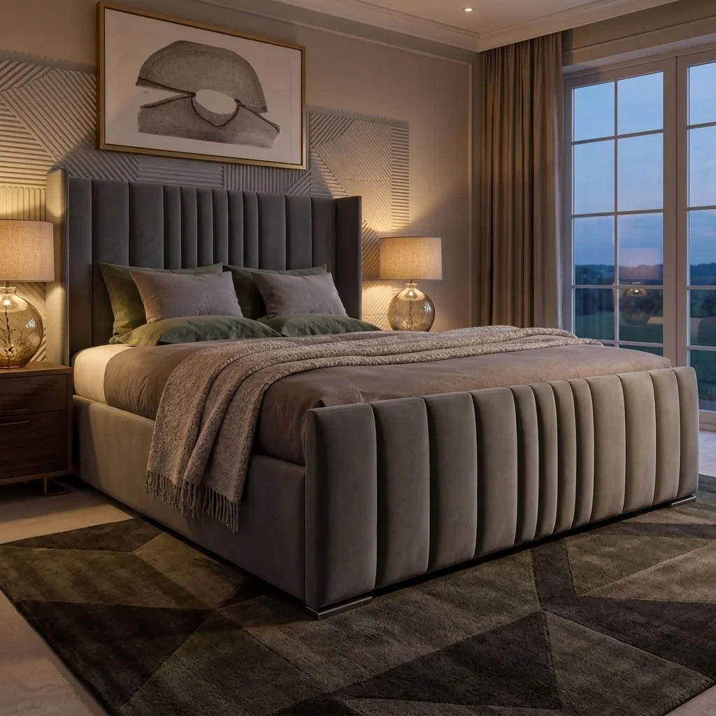 A modern upholstered bed with a tall channel-tufted headboard and matching footboard, styled in a warm, contemporary bedroom with bedside tables, lamps, curtains, and a geometric rug.