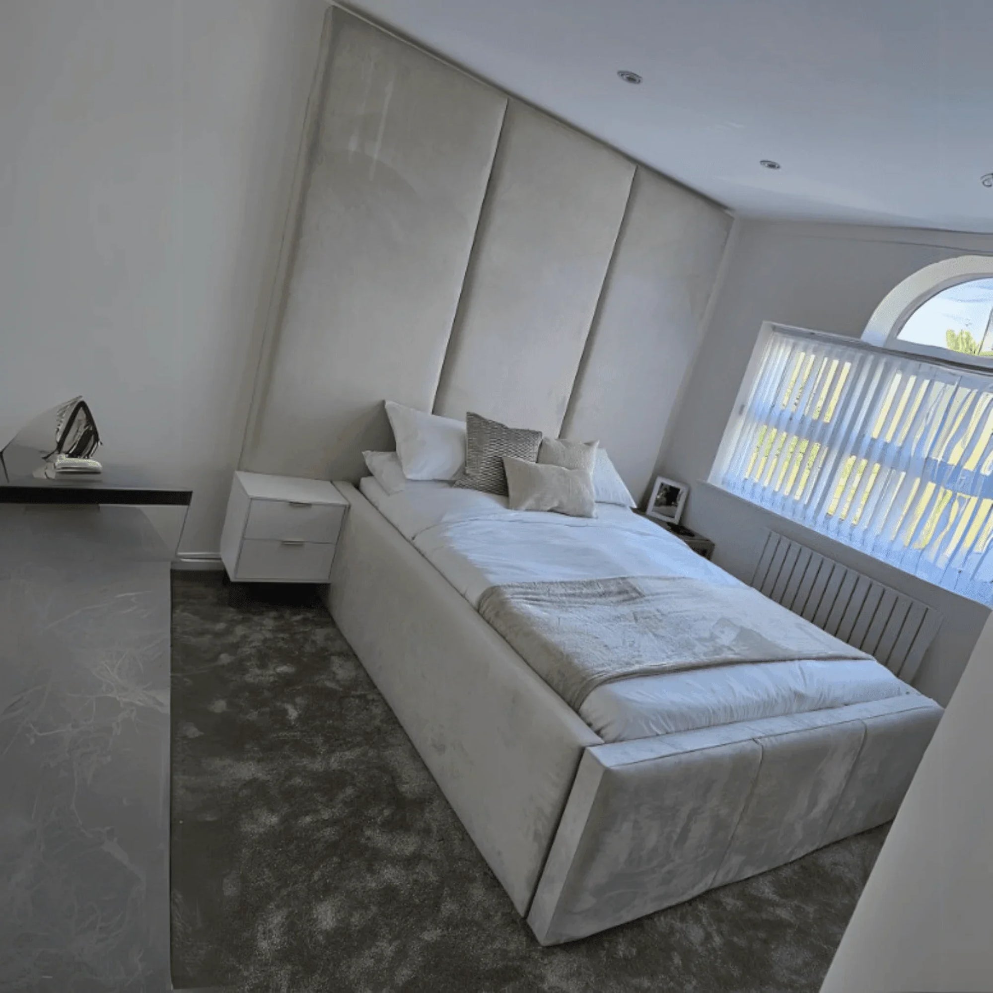 Bespoke Wall Panel Bed Frame with Luxurious Floor-to-Ceiling Headboard – Upholstered Elegance~ UkBedsDirect - UK Beds Direct ltd