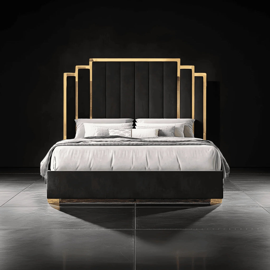 Sara Gold Panel Bed – Modern Upholstered Bed Frame with Gold Detailing - UK Beds Direct ltd