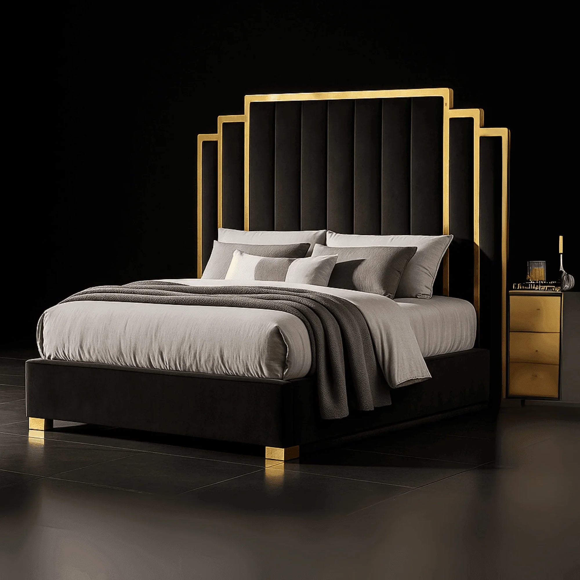 Sara Gold Panel Bed – Modern Upholstered Bed Frame with Gold Detailing - UK Beds Direct ltd