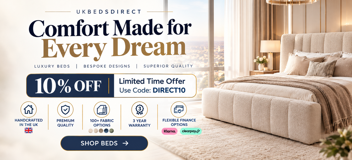 Promotional banner for UKBEDSDIRECT featuring a large tufted beige bed in a bright bedroom setting, with text offering a 10% off limited time offer and use code DIRECT10. The banner includes feature icons such as handcrafted in the UK, premium quality, 100+ fabric options, 3 year warranty, and flexible finance options.