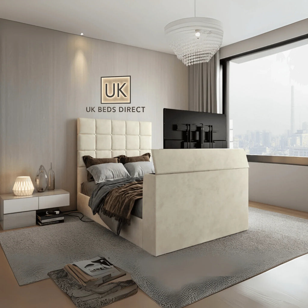 Modern bedroom featuring a upholstered TV bed with cube-stitched headboard and UK Beds Direct logo on the wall
