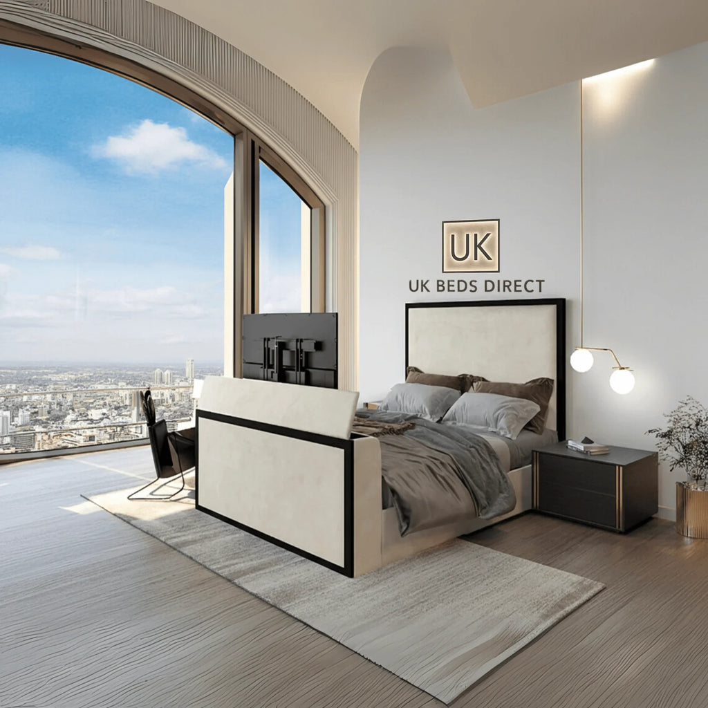 Skyline TV Bed with remote control lift, metal frame, and modern geometric design in a stylish bedroom setting