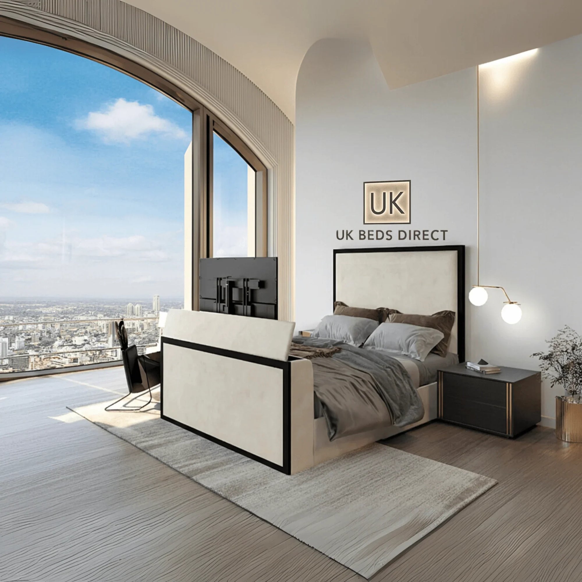 Skyline TV Bed with remote control lift, metal frame, and modern geometric design in a stylish bedroom setting