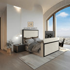 Skyline TV Bed with remote control lift, metal frame, and modern geometric design in a stylish bedroom setting