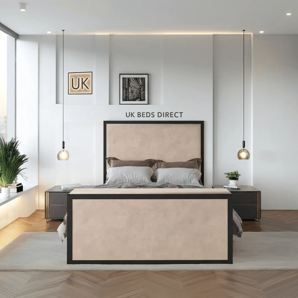 Skyline TV Bed with remote control lift, metal frame, and modern geometric design in a stylish bedroom setting
