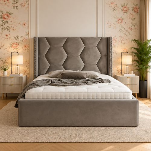 Alora Premium Upholstered Bed Frame, front view – room visualisation