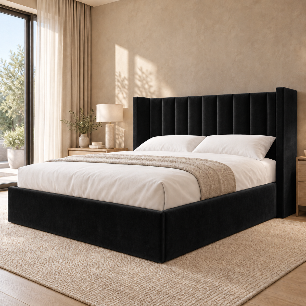 Ashford upholstered wingback bed in Black Plush with shorter headboard, three-quarter main view – visualisation